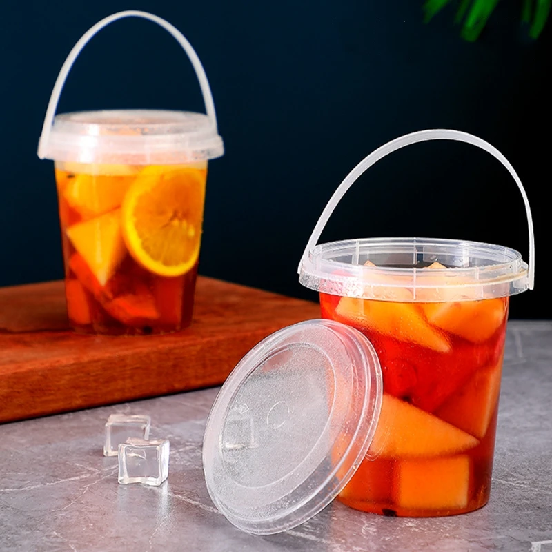 Wholesale disposable Boba Barrel with cover PP transparent plastic fruit drink bucket with handle