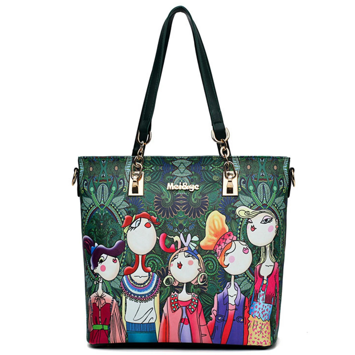 
Custom Special Luxury Green Cup Holder 6PCS Designer Graffiti Elegant Shoulder Purse Ladies Bag Femme Handbag Set For Women 