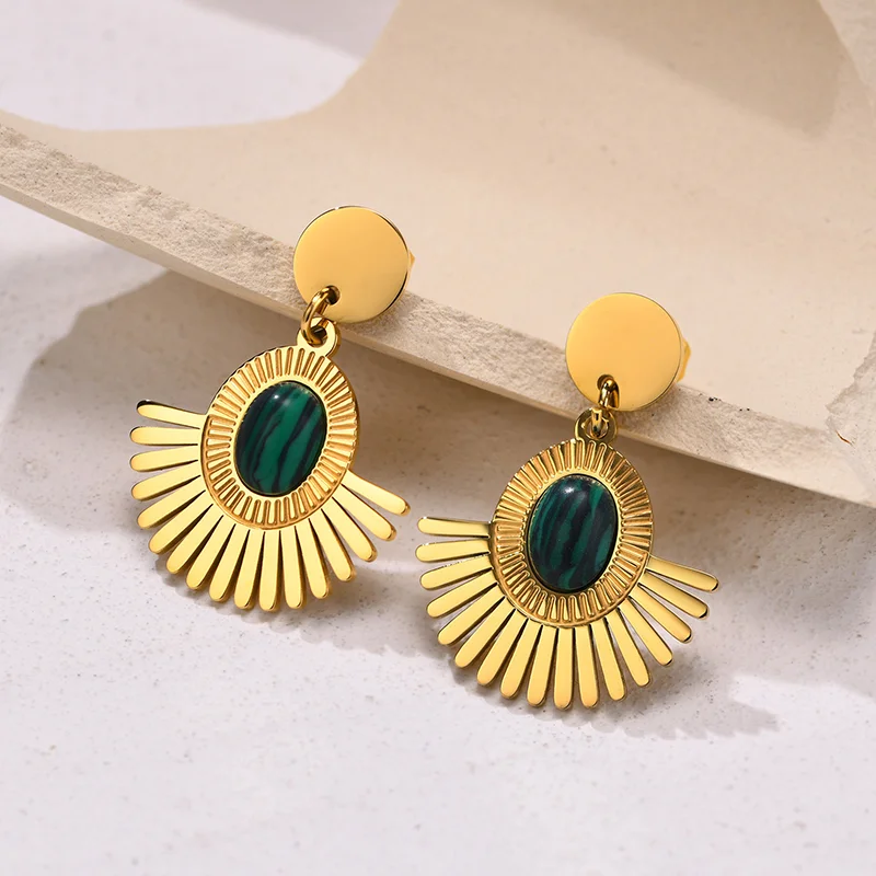 Wholesale Vintage Natural Stone Stainless Steel Statement 18K Gold Black Agate Sun Flower Onyx Drop Studs Earrings for Women
