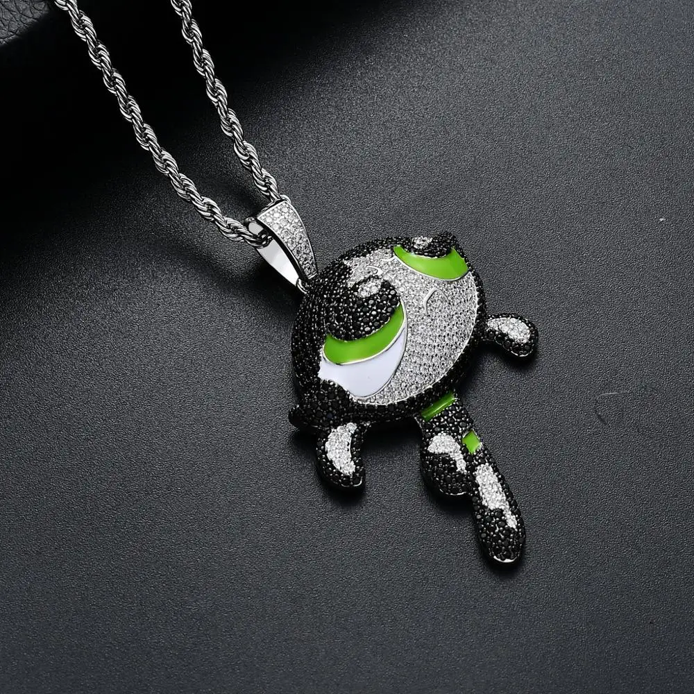 Hip Hop Hot Sale Elf Punk Buttercup Pendant Iced Out Cartoon Charm Powerpuff Girls Pendant Necklace