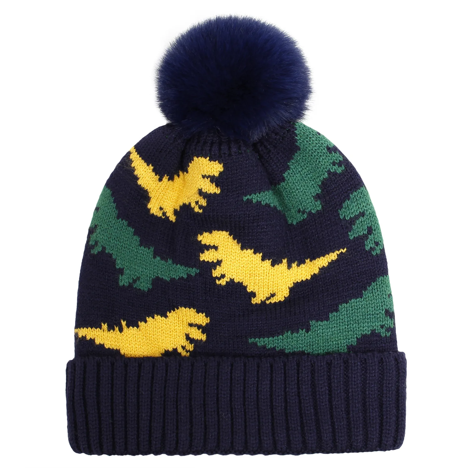 New Design Winter Baby Beanies Hats Custom High Quality Thick Warm Pom Pom Dinosaur Knitted Baby Kids