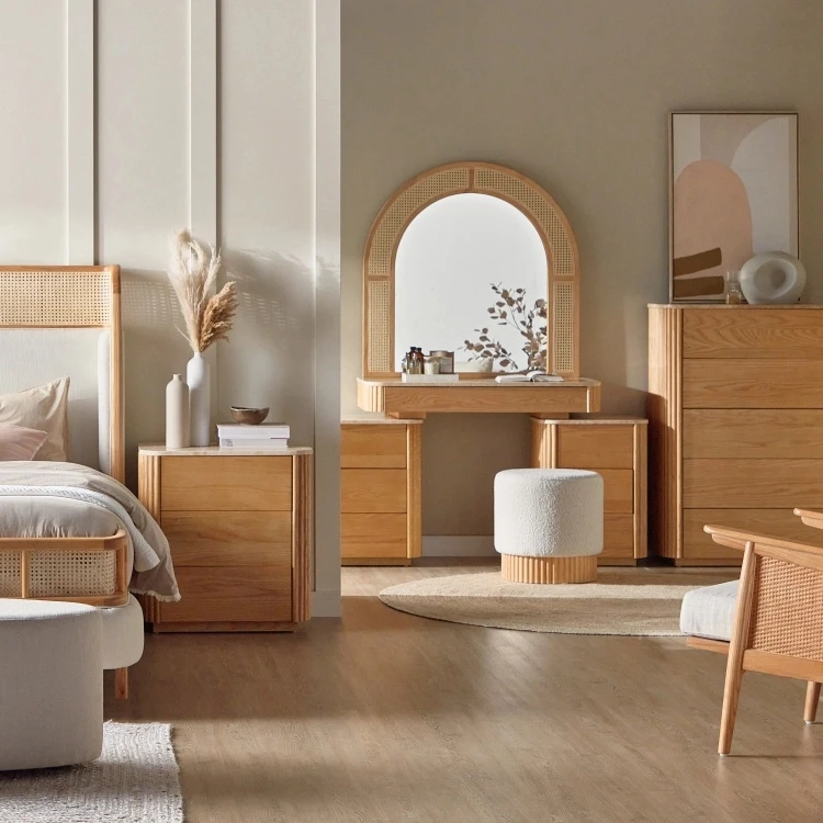 Dressing Mirror Glass with Ash Wood Veneer Natural Woven Rattan in natural light oak walnut ash color