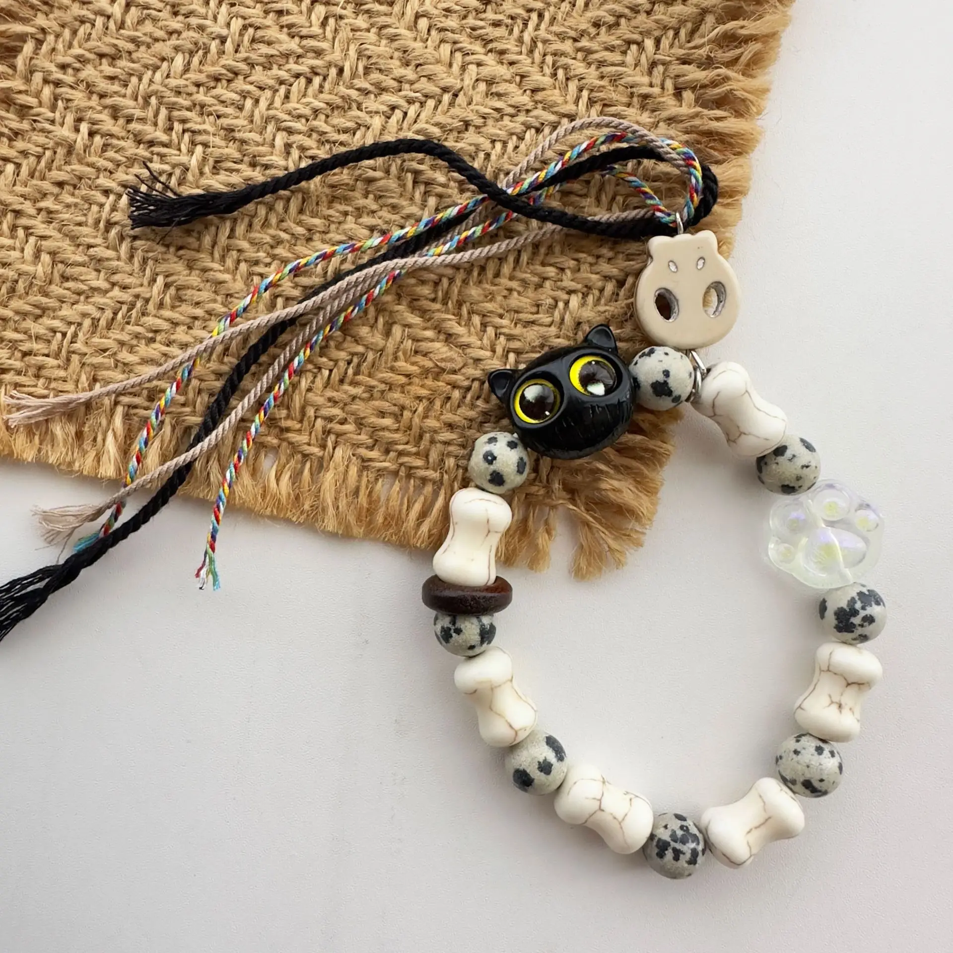 Skull Cat Ceramic Braided Rope Bracelet Personalised Fashion Beaded Jewelry Tassel Colourful Braided Rope Bracelet