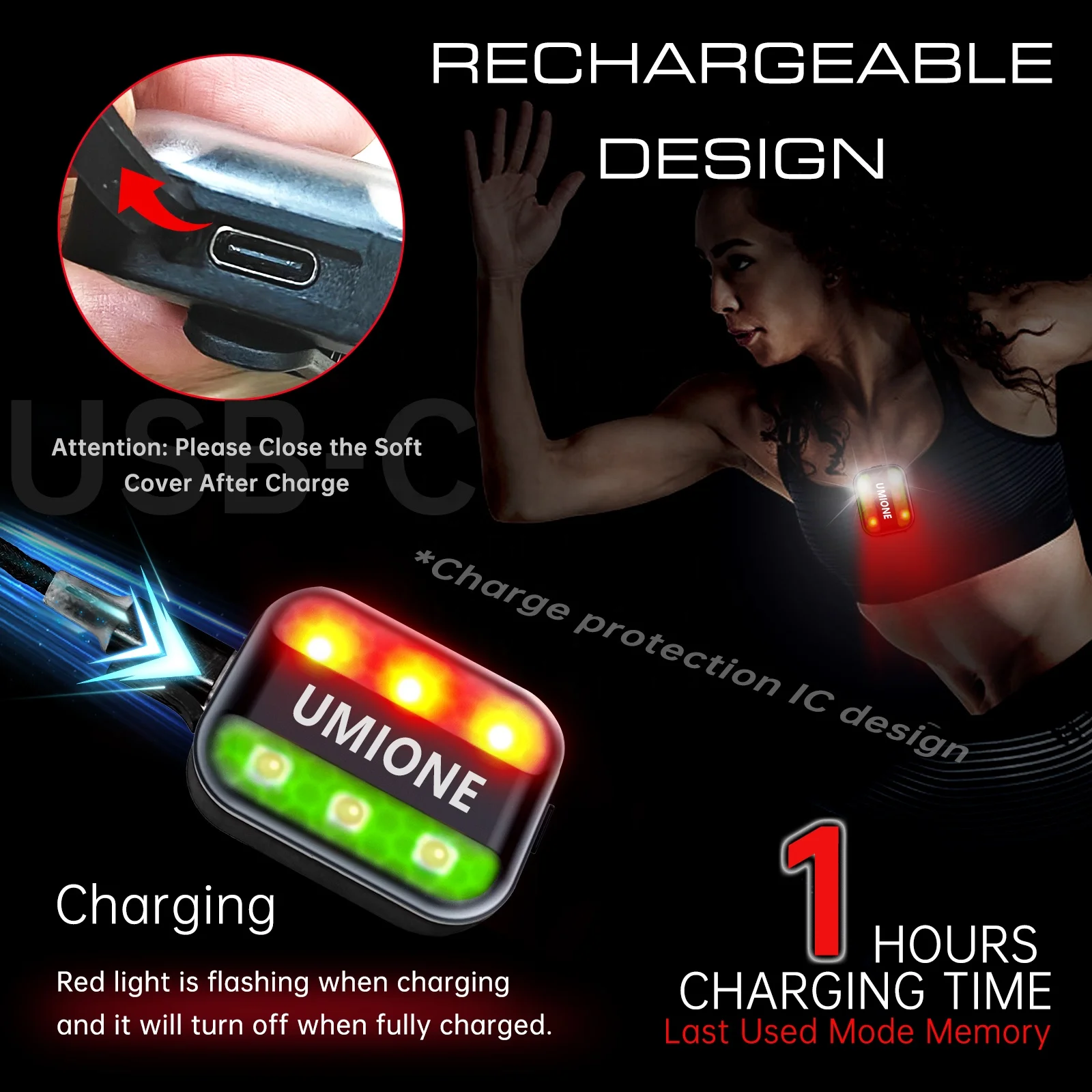 UMIONE BSCI Factory 6 LEDs Clip On Safety Light USB-C Rechargeable Running Lights For Runners With Reflector