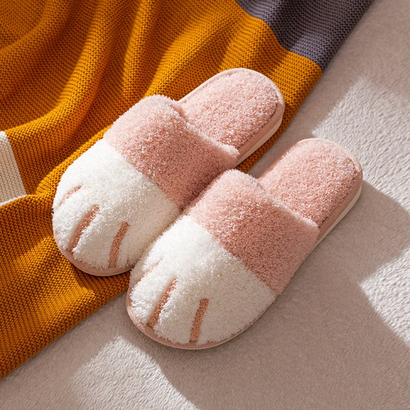 
Winter House Warm Fur Slippers For Women Cute Cat paw Designer Bedroom Warm Plush Shoes Non-slip Indoor Women Furry Slippers 