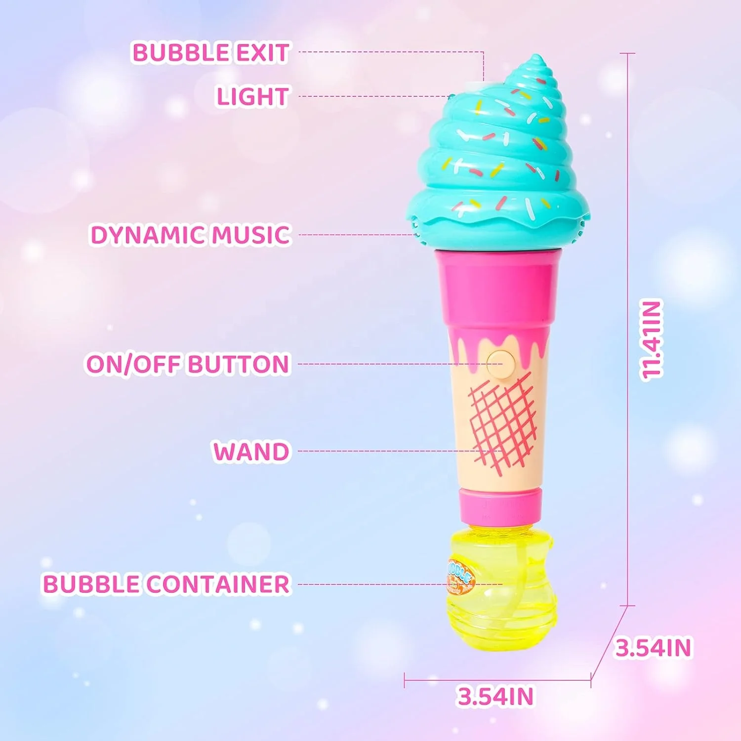 Electric Bubble Machine with Light Cartoon Ice Cream Toy Bubble Magic Wand Children with 90ml Soap Bubbles Refill Bottle