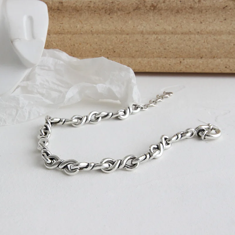 Korean 925 Sterling Silver Jewelry Bracelet Normcore Retro Antique Finish Personality Wild Link Chain