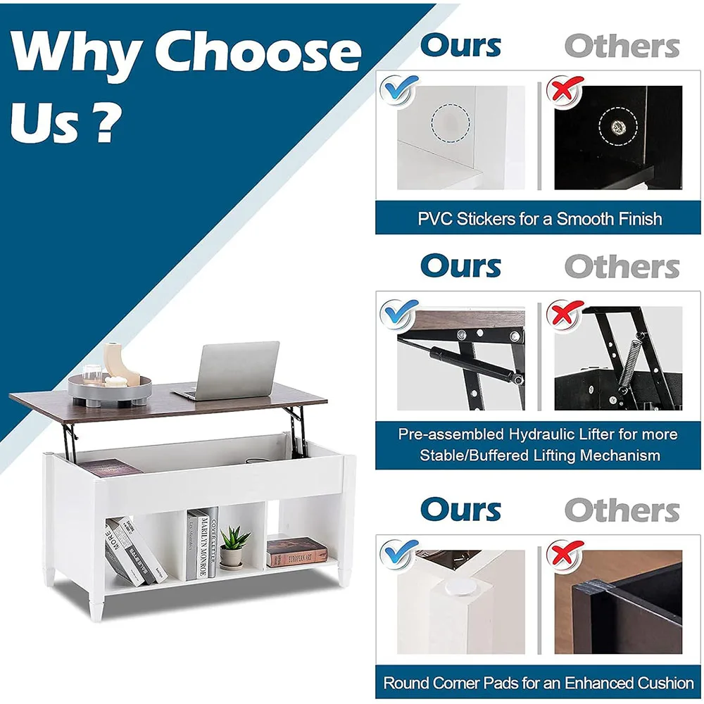 Lift Top Coffee Table, White, with Storage Shelf/Hidden Compartment, Gas Lift Mesa De Centro para Sala Pop Up Coffee Table