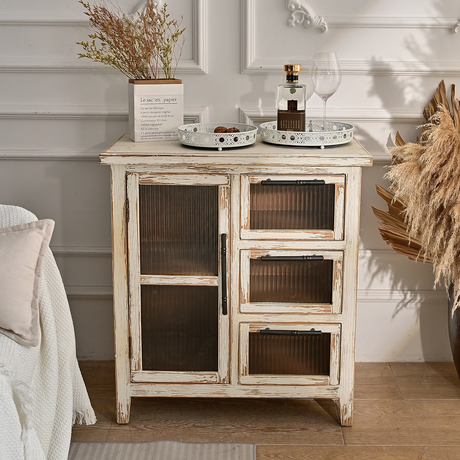 INNOVA Solid Wood Sideboard Rustic White Storage Drawers Glass Door Farmhouse Living Room Accent Cabinet Home Hotel Kitchen Use