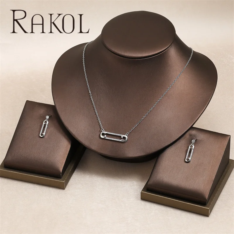 Rakol SP3452 Simple Paper Clip With Zircon Pendant Necklaces Earrings Set Elegant Gold Plated Jewelry Set For Women