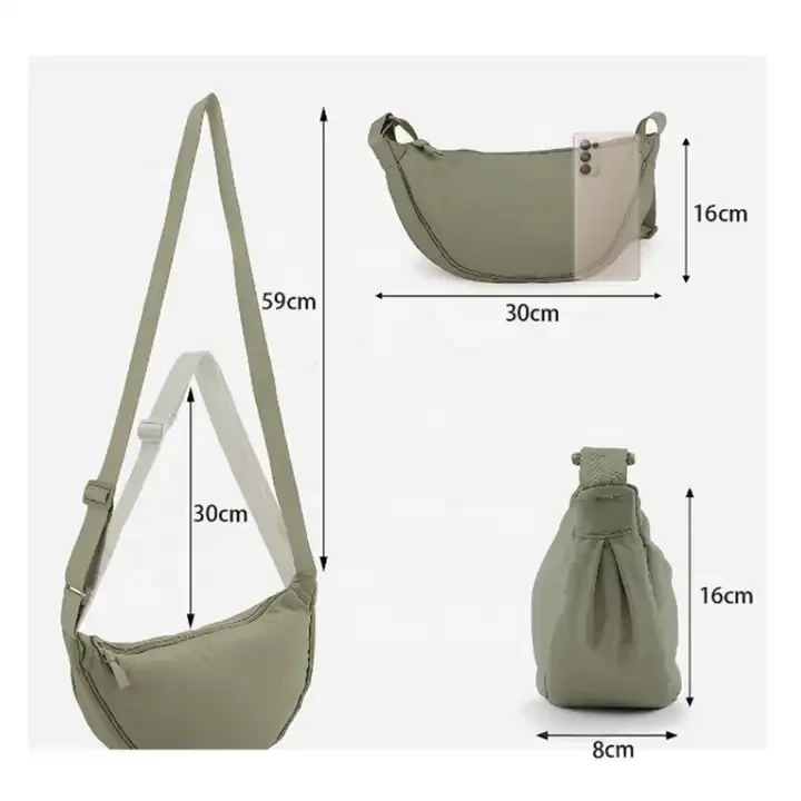 Nylon Crescent Dumpling Banana Bag Women Men Small Daypack Sling Shoulder Crossbody Messenger Bag with Adjustable Strap