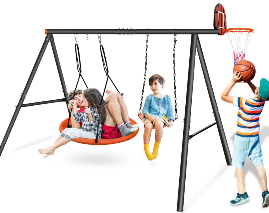 Swing Set Heavy Duty A-Frame Metal  with Saucer Swing Belt Swing Basketball Hoop