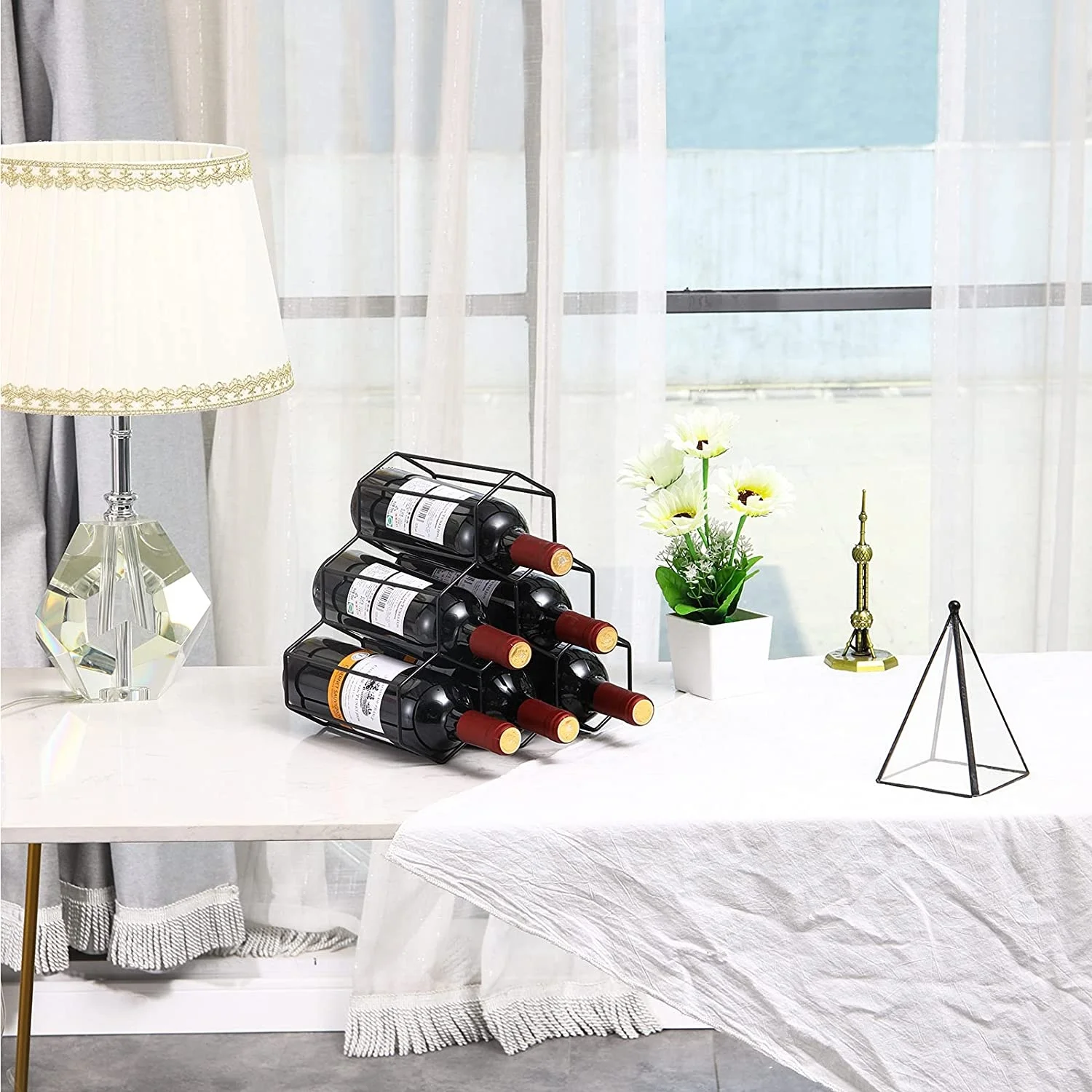 Wine Rack Freestanding Wine Rack,6 Bottles Countertop Free-Stand Wine Storage Holder Protector for Red White Wine,Black