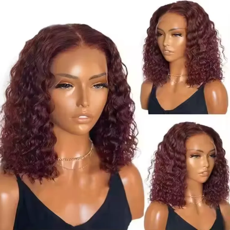 99J Short Bob Lace Front Human Hair Wig Red Burgundy Colored Jerry Curly Lace Frontal Wig Raw Brazilian Virgin Human Hair wigs
