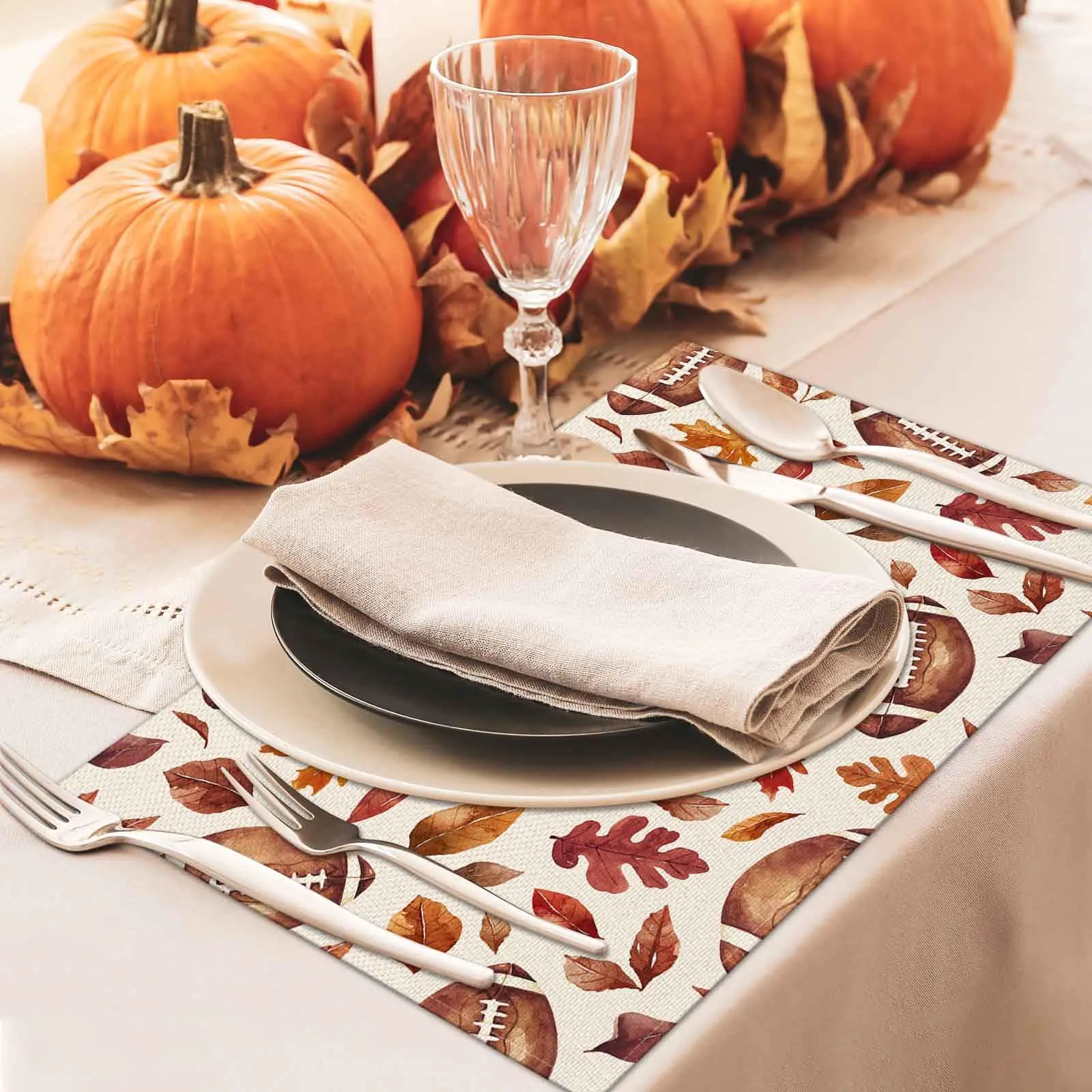 12x18 Inch Footballs with Maple Leaves Place Mats Seasonal Autumn Table Decors for Dining Thanksgiving Holiday Party