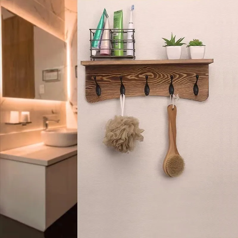 Vintage Wood Wall Shelf with Hooks for Entryway Wall Coat Rack for Hanging Coat Jacket Backpack Wall Mounted with Upper Shelf