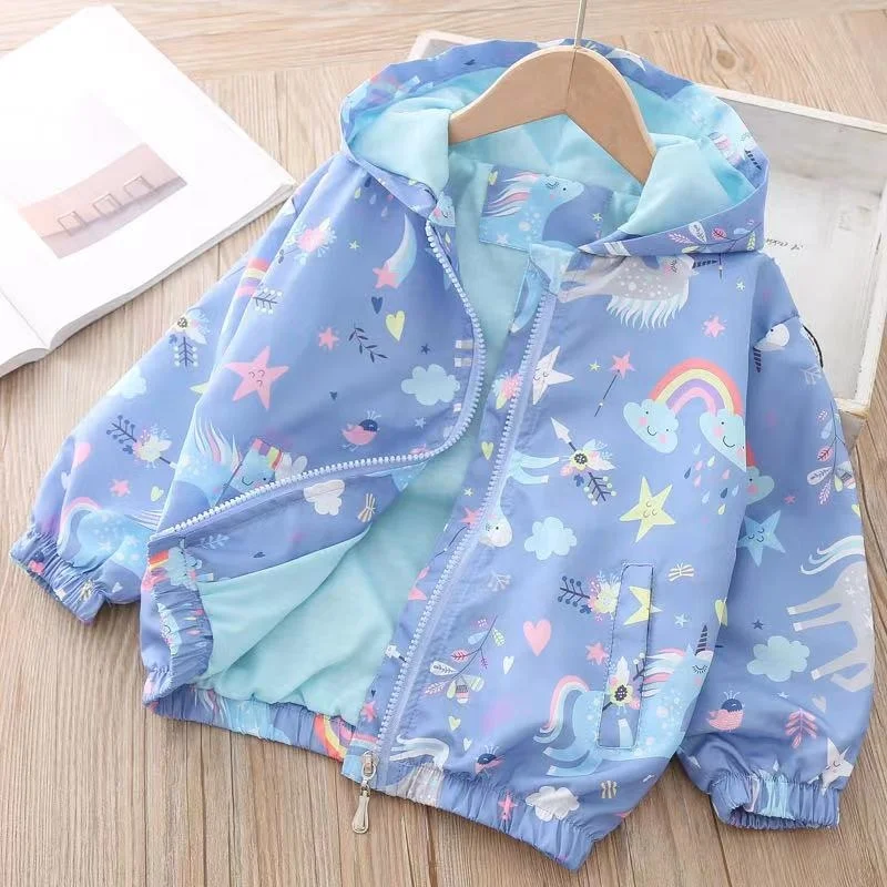 Autumn Girls Jackets and Coats Hooded Unicorn Rainbow Pattern Baby Clothes Outerwear Kids Windbreaker Autumn Jackets