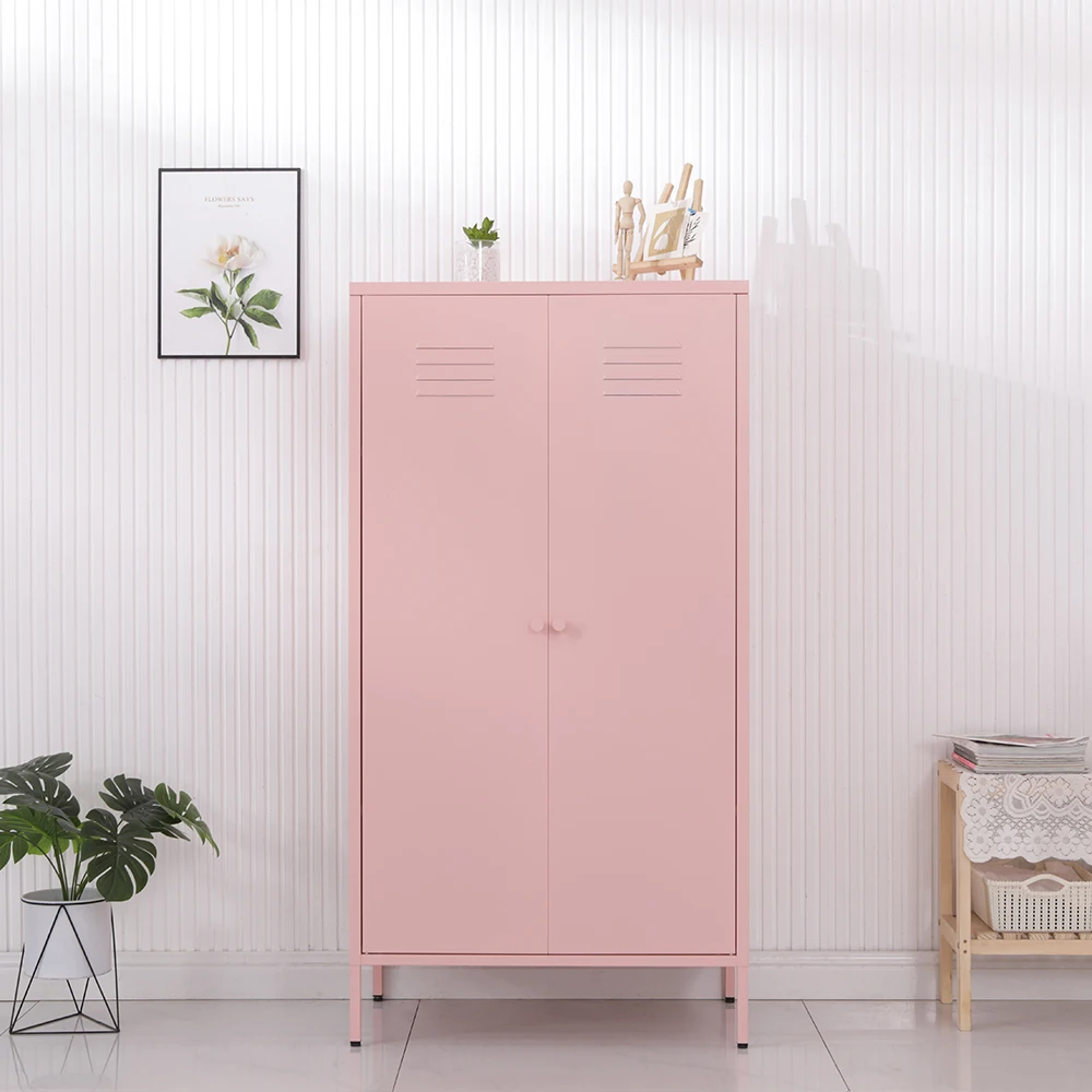 Fashion pink metal swing 2 door cupboard home furniture steel storage cabinet wardrobe for living room