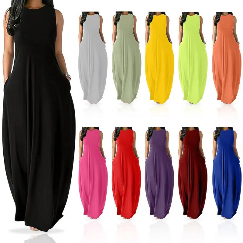 Hot sell fashionable Casual Maxi  V Neck Suspender Strap Loose Pockets Ladies Solid Color sleeveless Long Dress