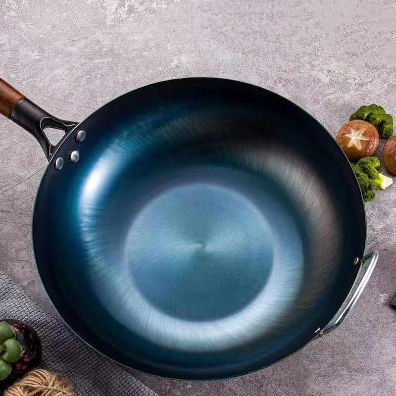 Ручка из красного дерева в китайском стиле, кованая посуда без покрытия, традиционный кухонный горшок, домашний железный горшок с плоским дном для кухни