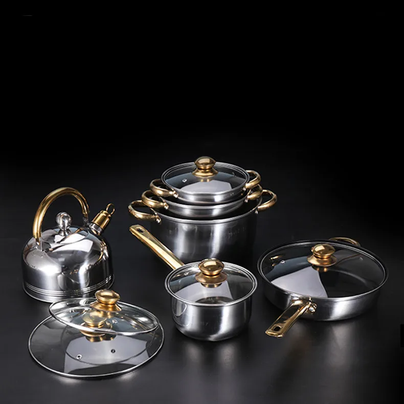 wholesale 12pcs non stick stainless steel cooking pots and pans cookware set with glass lid