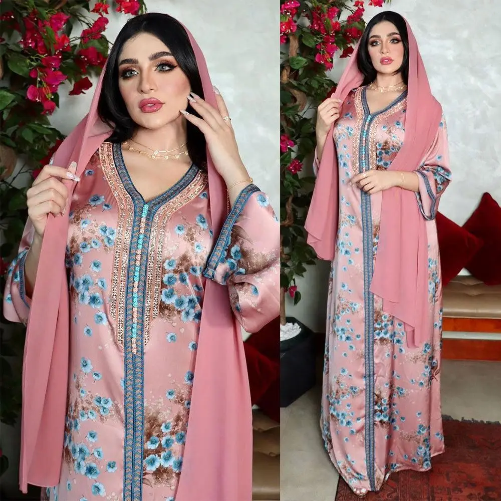 Women Hot Sale Hot Diamond Middle East Muslim Dress Autumn Print Islamic Clothing Muslim Dresses Abaya Abaya In Dubai