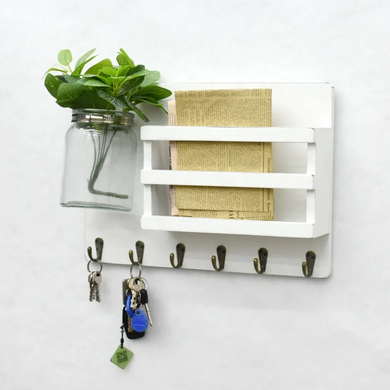 Настенный винтажный деревянный держатель для ключей и почты, с 6 крючками для ключей и каменной банка