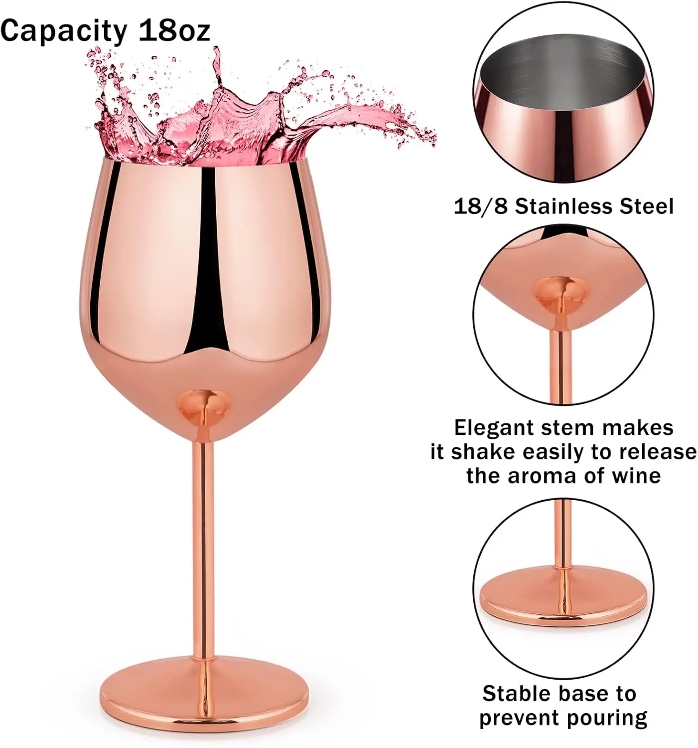 Unbreakable Luxury Rose Gold Mirror Polished 18oz Red White Stemmed Wine Glasses Stainless Steel Wine Goblet For Weeding Outdoor