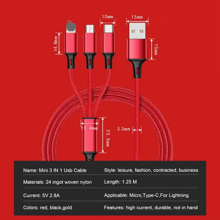 Hot sell nylon braided 1.2m 3 in 1 usb 3.0 charger cable micro usb 8pin type C fast charging data cable for mobile phone