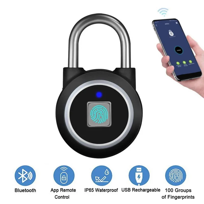 Gym Sports Bike School Fence and Storage Biometric Water Resistant Fingerprint Padlock Blue Tooth Lock Mobile APP Smart Padlock