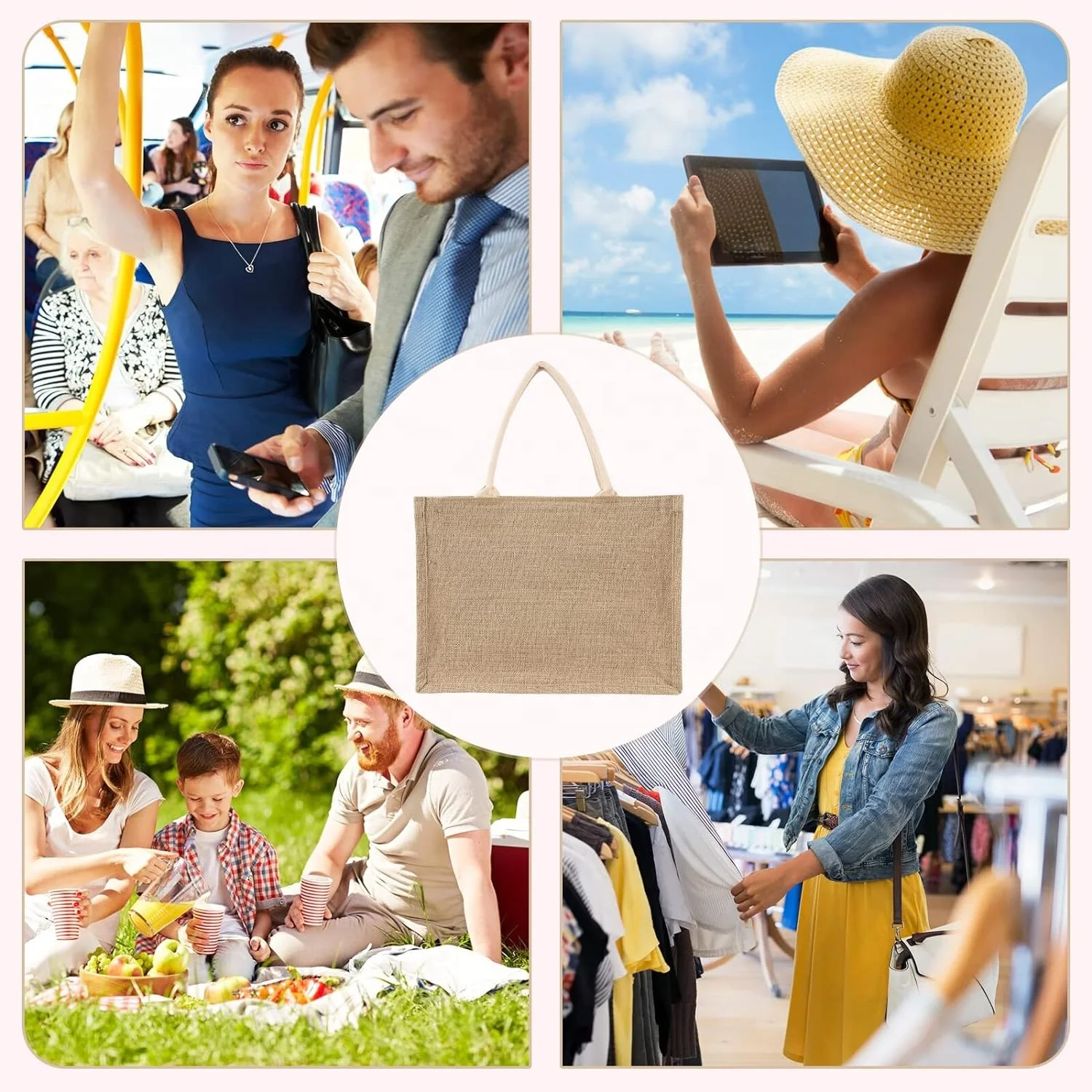 Reusable Grocery Shopping Burlap Beach Bag Pink Jute Tote Bag With Handle for Wedding Party Gift