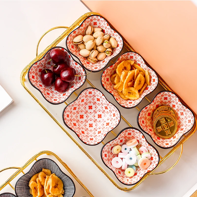 Food Storage 3Pcs Ceramic Bowls Serving Snack Tray Dish Plate Dessert Set With New Metal Handles Design