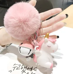 Newest Fashion Cute Bag Jewelry Bell Fur plush Ball Keyring Unicorn Charm Fluffy Pompom Keychain plush