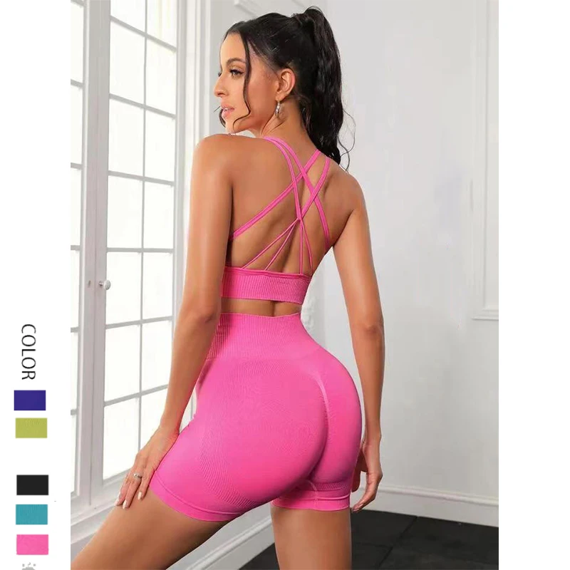Hot Sale Sexy Seamless Crossover Strap Bra Push Up Bust Beauty Back High Waist Shorts 2 pcs Fitness Gym Yoga Set for Women
