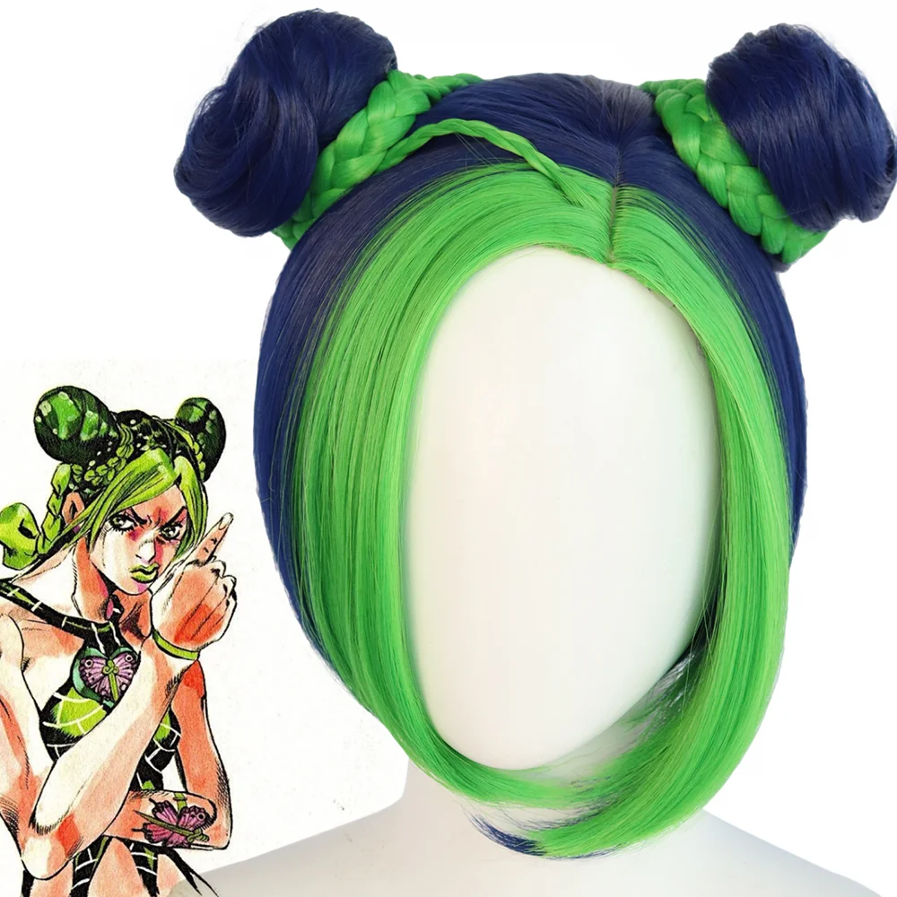 Anogol JOJO Bizarre Adventure Jolyne Cujoh Kujo Anime Cosplay Wig Dark Blue Braid Golden Wind Buns Braids Synthetic Cos Hair Wig