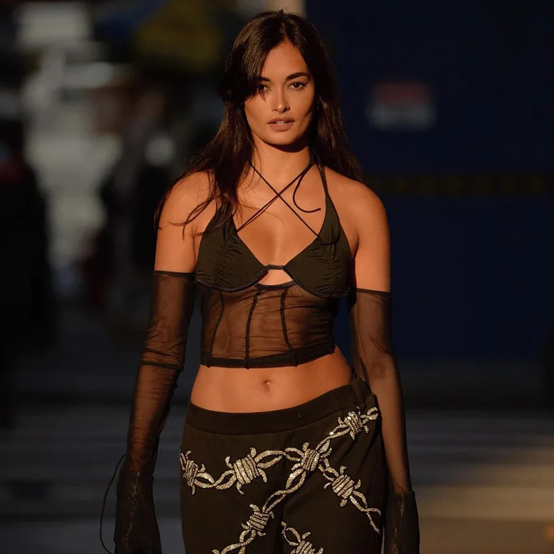 New Trend Sexy Club Mesh One Piece Spandex See Through Backless Summer Halter Longsleeve Fishnet Sheer Bodysuits For Women