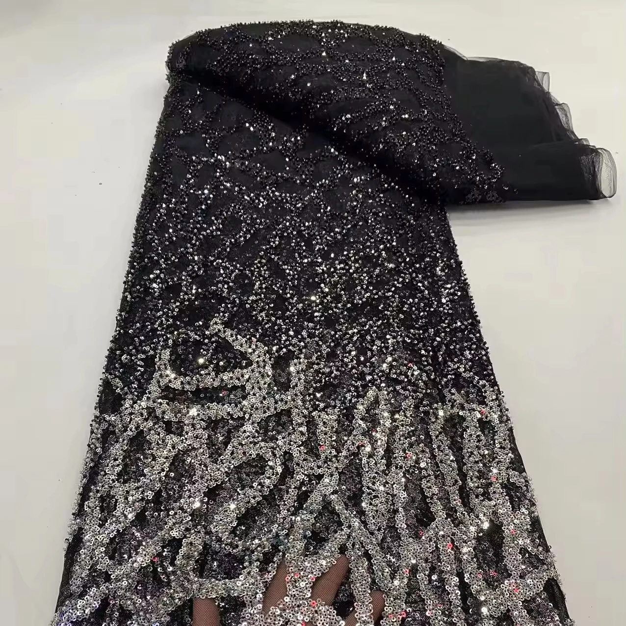 Wholesale Beaded Embroidered Tulle Lace Fabric Luxury Beaded Lace Fabric For Women Wedding Dress