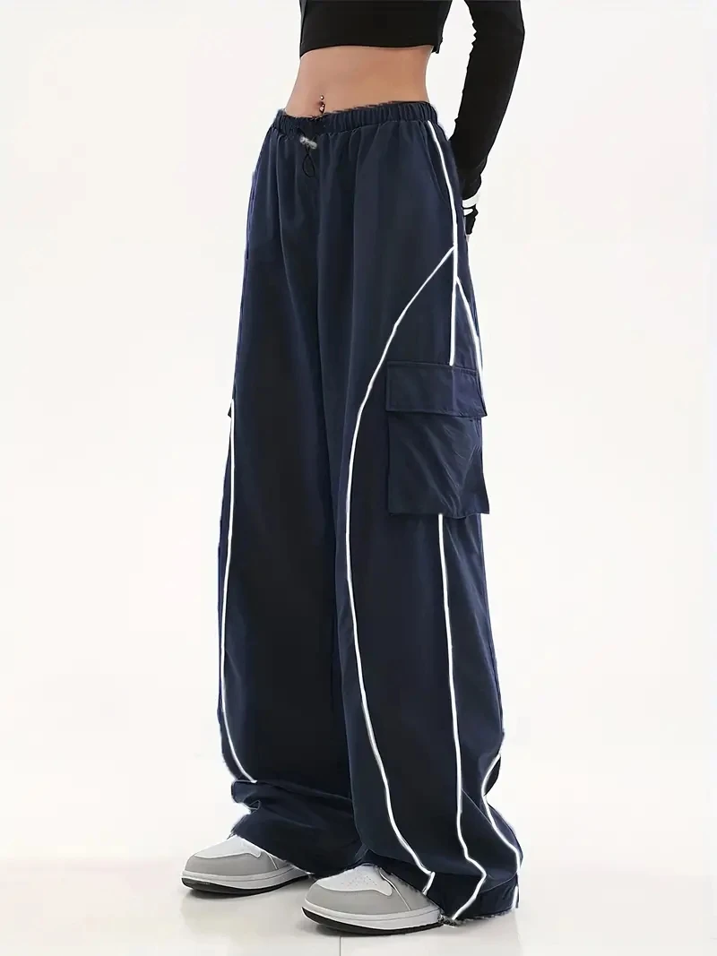 Custom Unisex High Quality Sports Running Oversized Windbreak Track Pants Flap Pockets Wide Leg Piping Nylon Cargo Pants