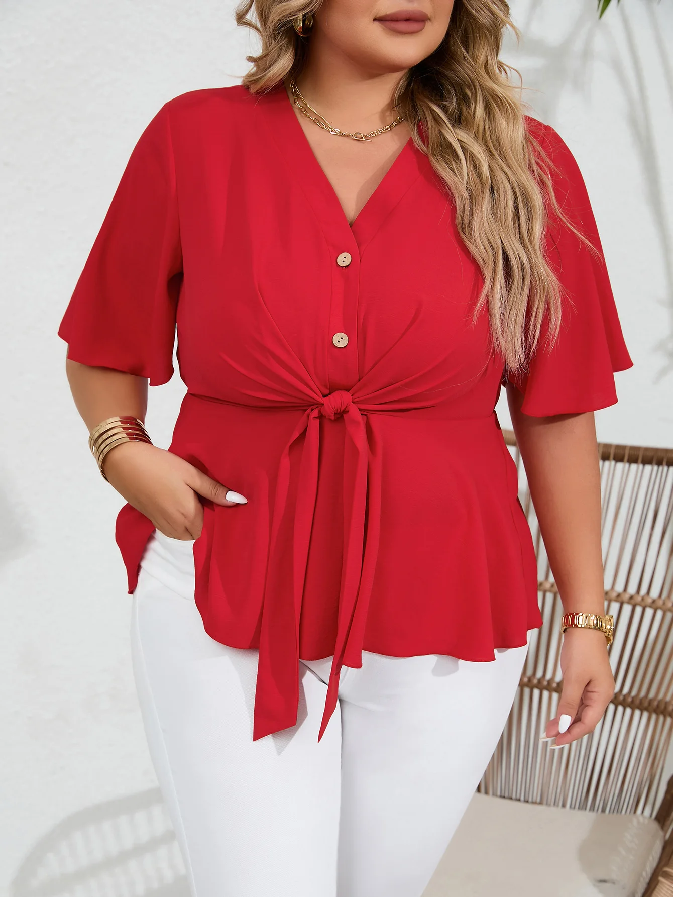 ZIYA A12L79 Plus Size V-neck Single Breasted Tie Up Women Short Sleeve Blouse