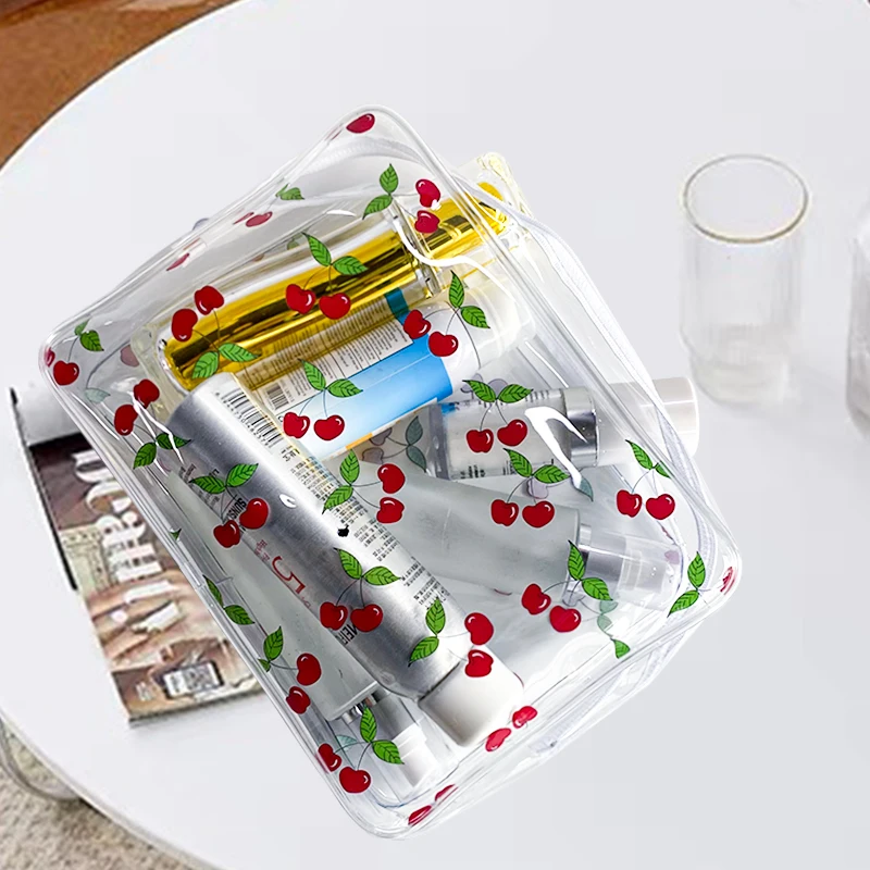 2024 hot sale pvc bag cosmetic case private label clear cosmetic bag for women Cherry printing pvc cosmetic organizer bag