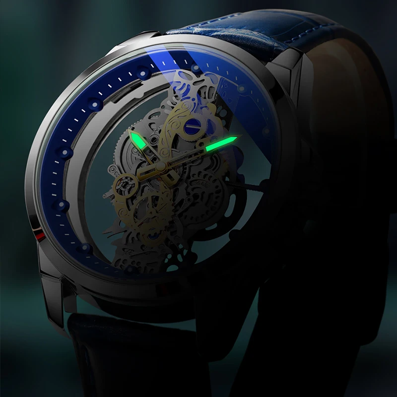 Gold Skeleton Waterproof Leather Custom Watch Men Luxury Orologio Uomo Relojes De cuarzo Para Hombre