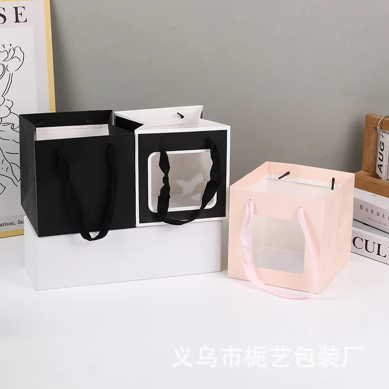 customizable Thickened square packaging flower wide bottom transparent window opening hand-held gift bag, paper bag