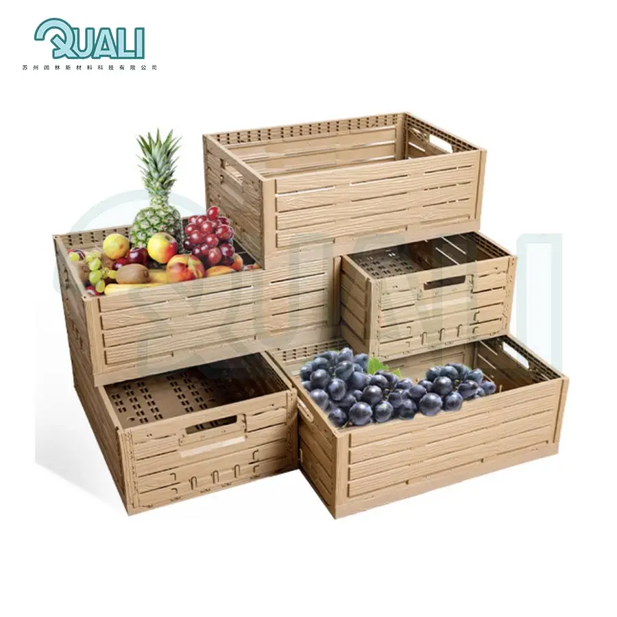 Quali Wood Effect Folding Collapsible Plastic Storage Rpc Crate 600*400*220mm