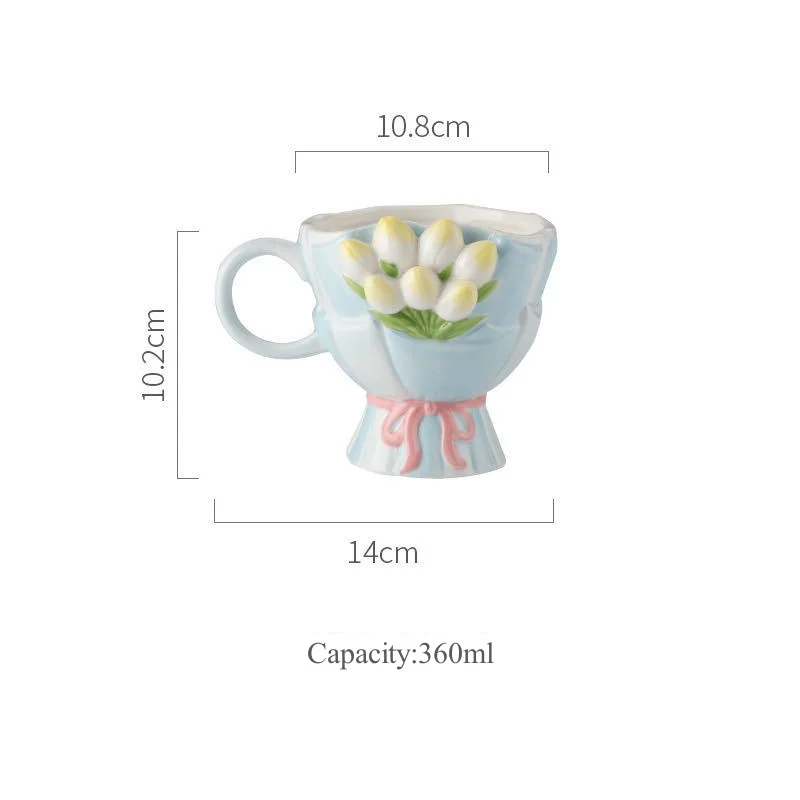 360ml Ins Korean 3D Relief Hand Pinched Irregular Tulip Flower Oatmeal Breakfast Mug Drinkware Ceramic Coffee Tea Cup Mugs