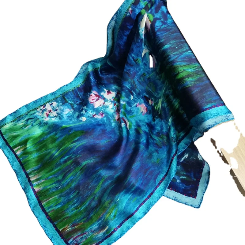 Знаменитые Картины Чистая натуральная лента с принтом привязанный прямоугольный Шелковый дизайнерский шарф повязка на голову