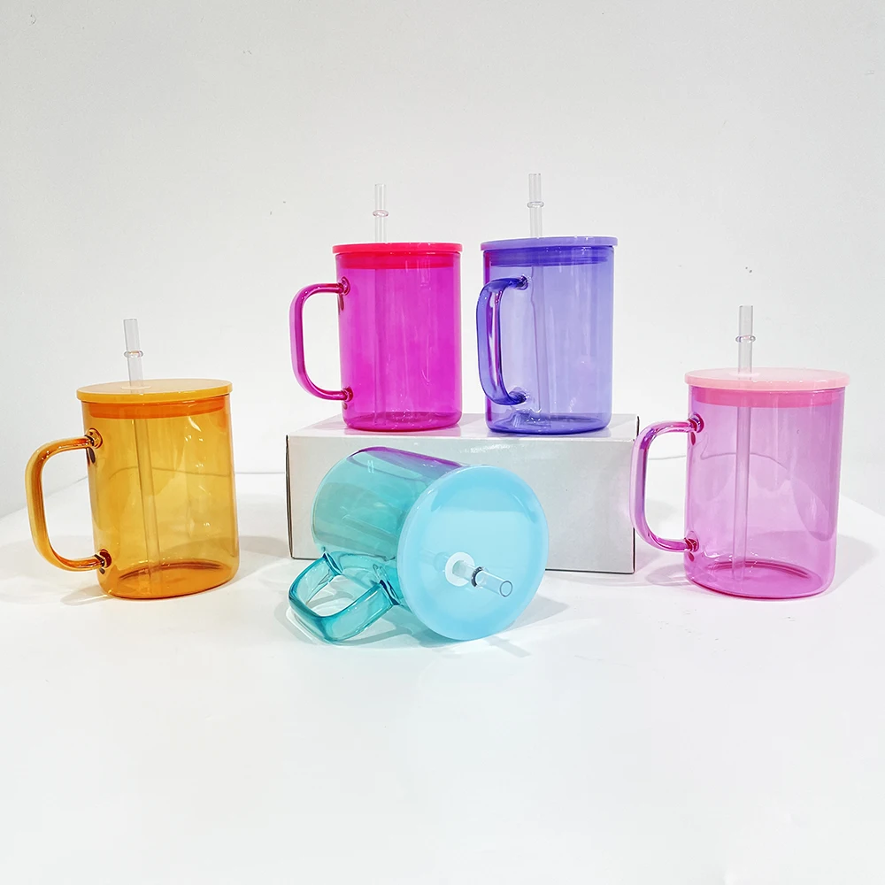 wholesale bulk 17oz Jelly Glass Camper Mug with colored pp lid Tea Milk Beer Crystal clear sublimation glass mug with pp lid