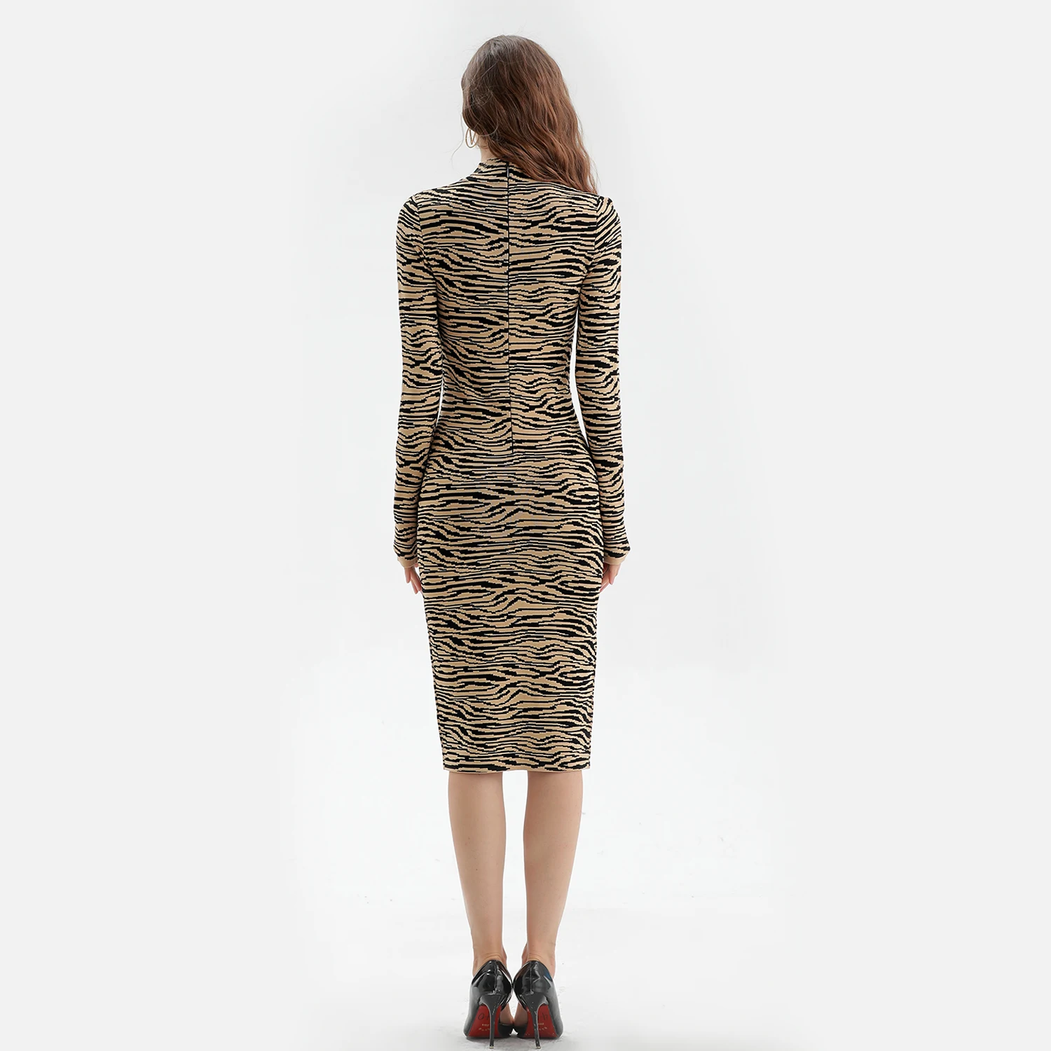 
Hot Sale Women Turtleneck Long Sleeves Midi Zebra Striped Knitted Midi Dress 