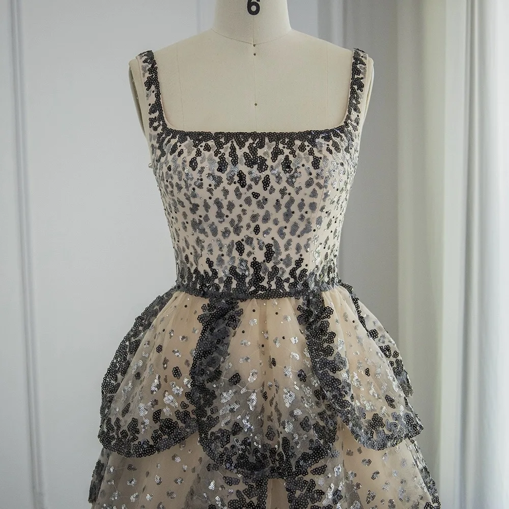 S0855R 2025 new tube top sexy black nude sequin layered ruffled suspender long dress evening dress