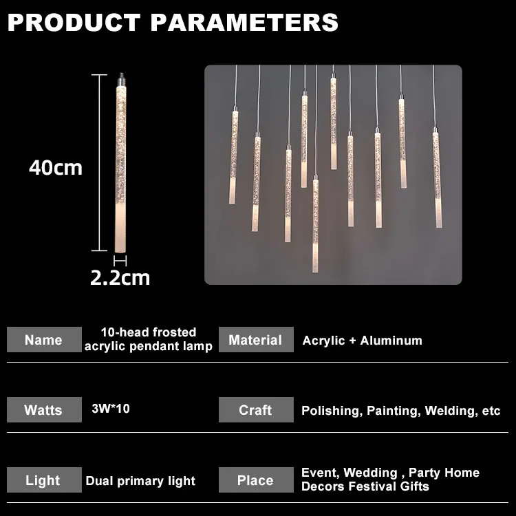 Creative 10 Luminous acrylic hanging long tube pendant light chandeliers for wedding decor