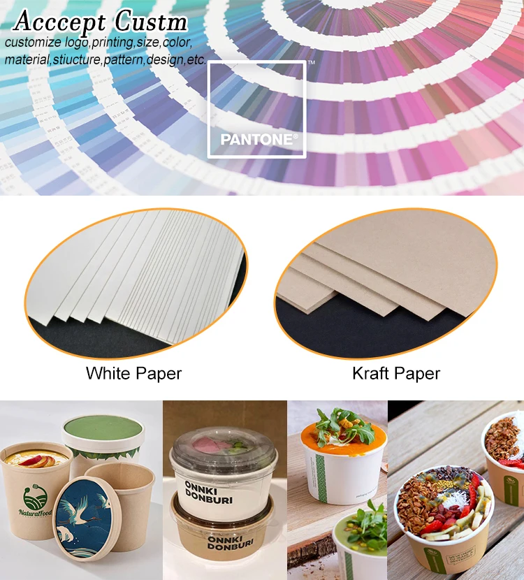 8oz 12oz 16oz 24oz Customized Single Time Use Brown White Kraft Food Packaging Container Paper Bowls Ramen Noodle Cup With Spoon